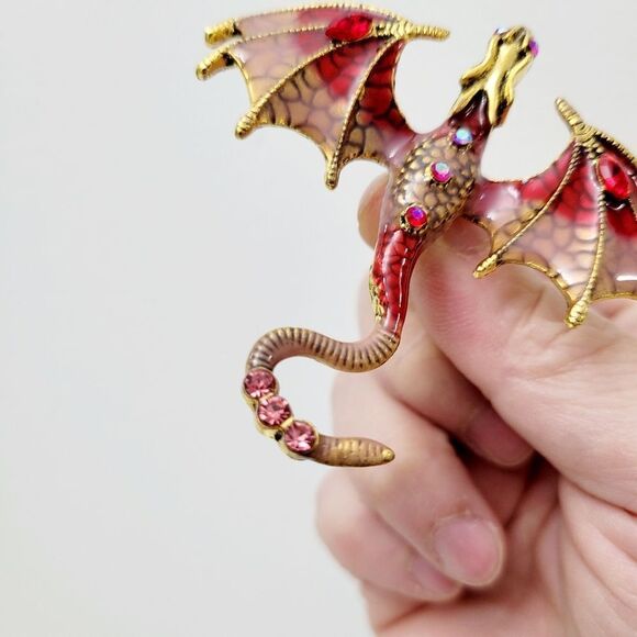 Brand New Gold Tone Red Flying Dragon Rhinestone Brooch Pin - Picture 5 of 9